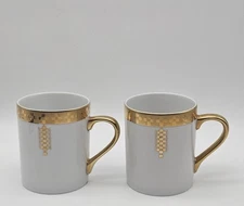 Tiffany & Co. Frank Lloyd Wright 2 Coffee Mugs 1992 Design Imperial Gold White