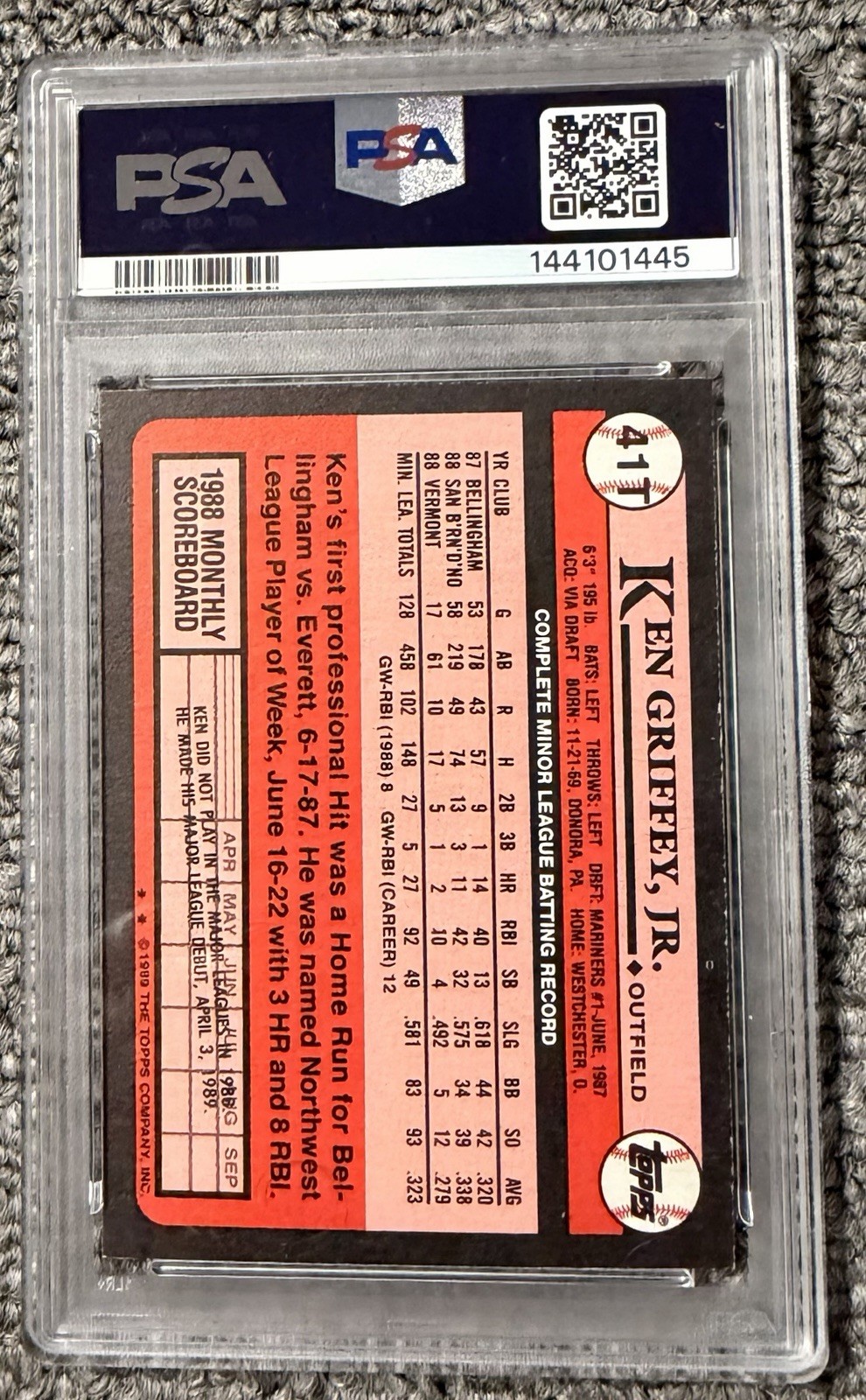 Ken Griffey Jr. 1989 Topps Traded #41T Signed Rookie Baseball Card Auto PSA 10 view 2
