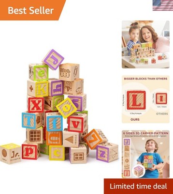 Wooden Alphabet Blocks 1.73 Inch, 30Pcs Building Blocks Including Letters, Nu...