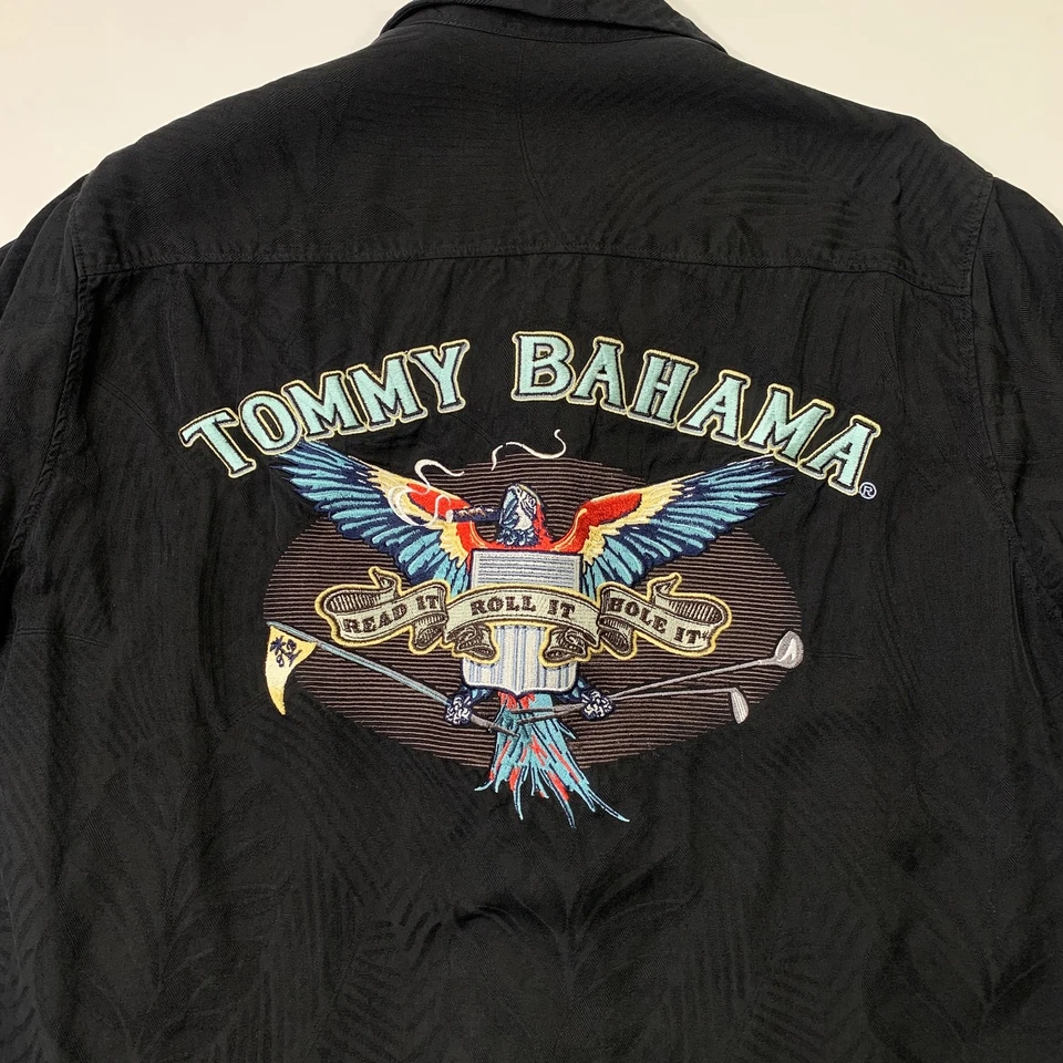 Camisa Tommy Bahama Para Hombre M Mediana Negra Seda Bordada Léelo Enrollar Aguíralo Foto 3 de 4