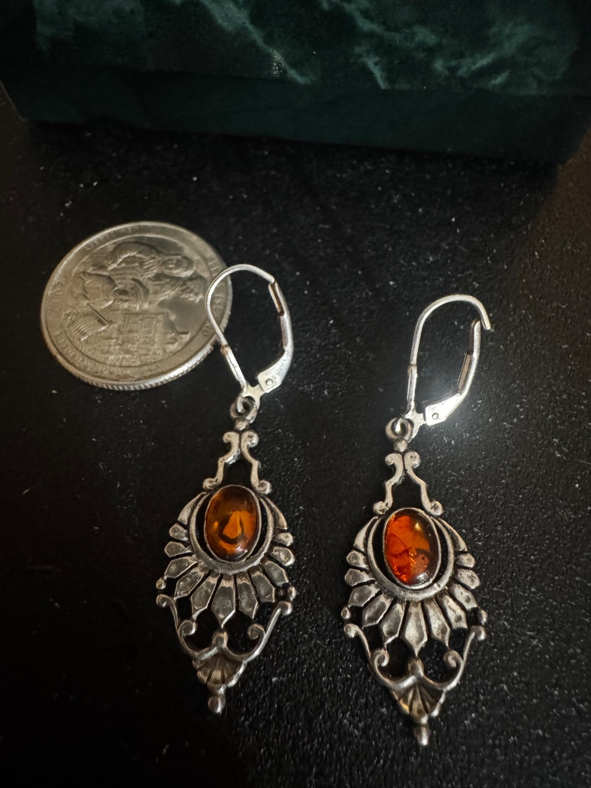 dangle drop orange silver earrings - image 3