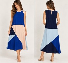 Colorblock Shift Dress Sleeveless Blue Pink Midi Pocket Dress S Ivy Moda