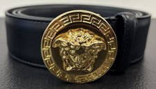 Versace Men Black Leather Belt Size 4806/115/46 Gold Buckle Medusa Greek Key