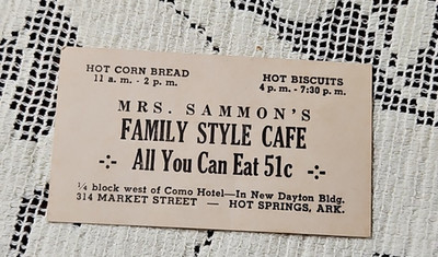 Business Card Mrs Sammon's Family Cafe Eat .51 Hot Springs Arkansas THIS FAMILY?