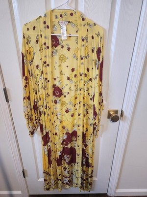 Free People Hidden Hills Yellow Floral Rayon Maxi Kimono Long Sleeve XS