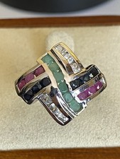 Sterling Silver Emerald, Blue Sapphire, Ruby And White Topaz Ring Size P