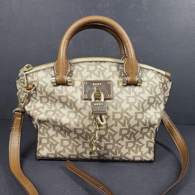 DKNY Elissa Small Leather/PVC Crossbody Satchel Handbag Monogram Logo Brown