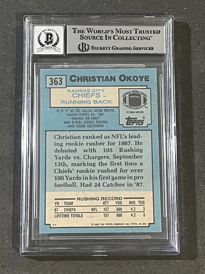 CHRISTIAN OKOYE 1988 TOPPS ROOKIE SIGNED AUTOGRAPHED CARD CHIEFS BAS GEM MINT 10 - Image 2 of 2