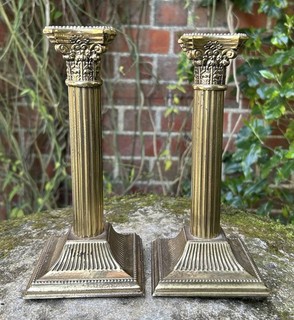 Antique Good Pair 2x Solid Brass Corinthian Column Candle Stick Candelabras