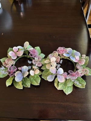Set of 2 Handmade Floral Candle Rings - Beaded Hydrangea Butterfly Pillar Decor