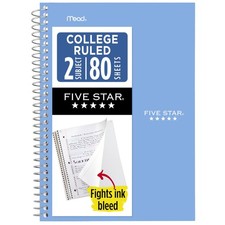 Five Star Spiral Notebook, 2 Subject, College Ruled Paper, Pack of 1 , Blue