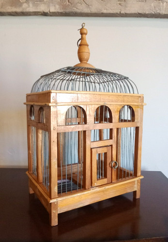 Charming Small Wood Dome Bird Cage Vintage Hand Tied Wire, Wooden Door, Swing 