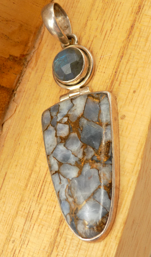 Large Sterling Silver Pendant Blue Calcite Copper Inclusion Labradorite Long - 第 1/7 張圖片
