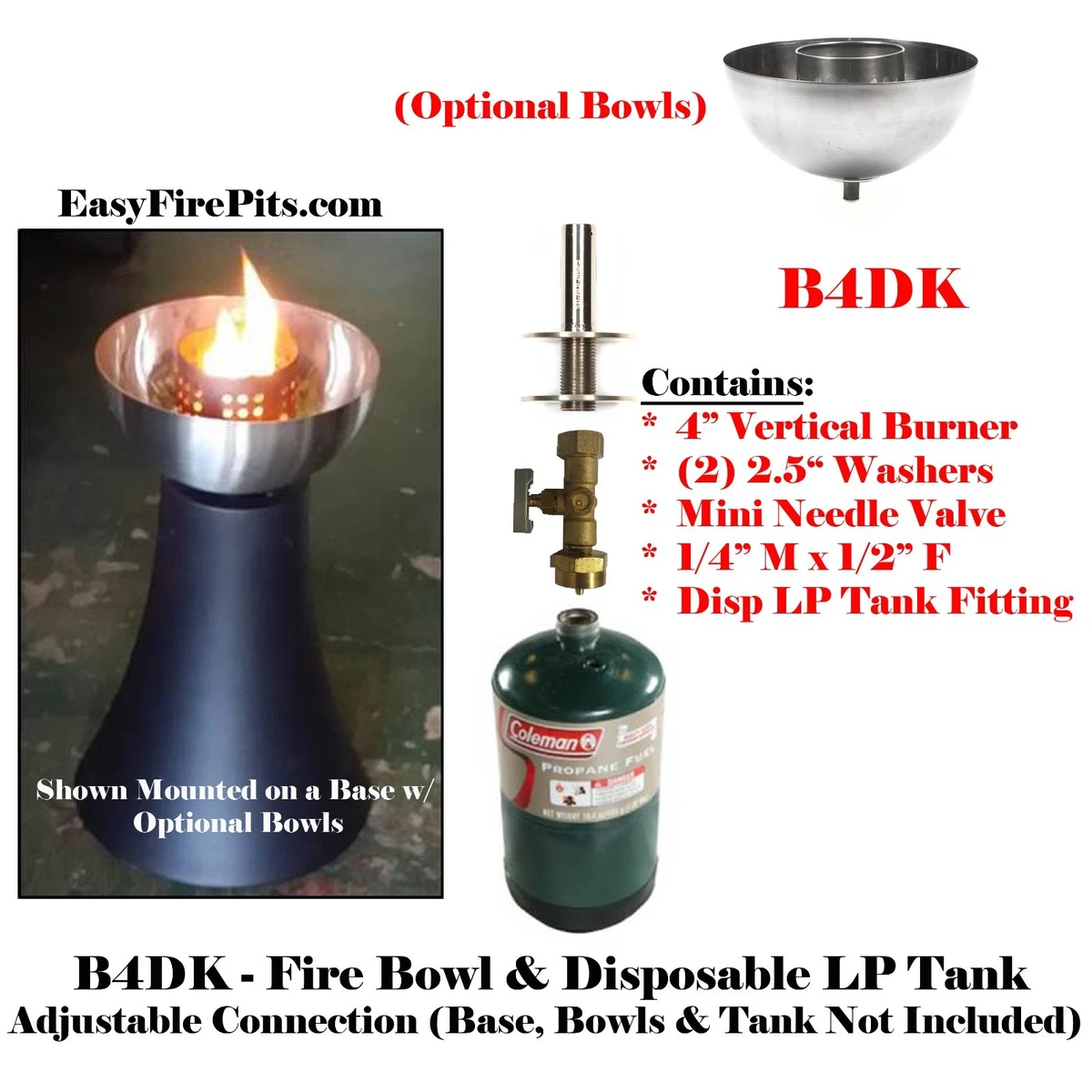 B4DK 4 BURNER DIY COMPLETE BASIC 1LB DISPOSABLE PROPANE TANK FIRE TABLE KIT