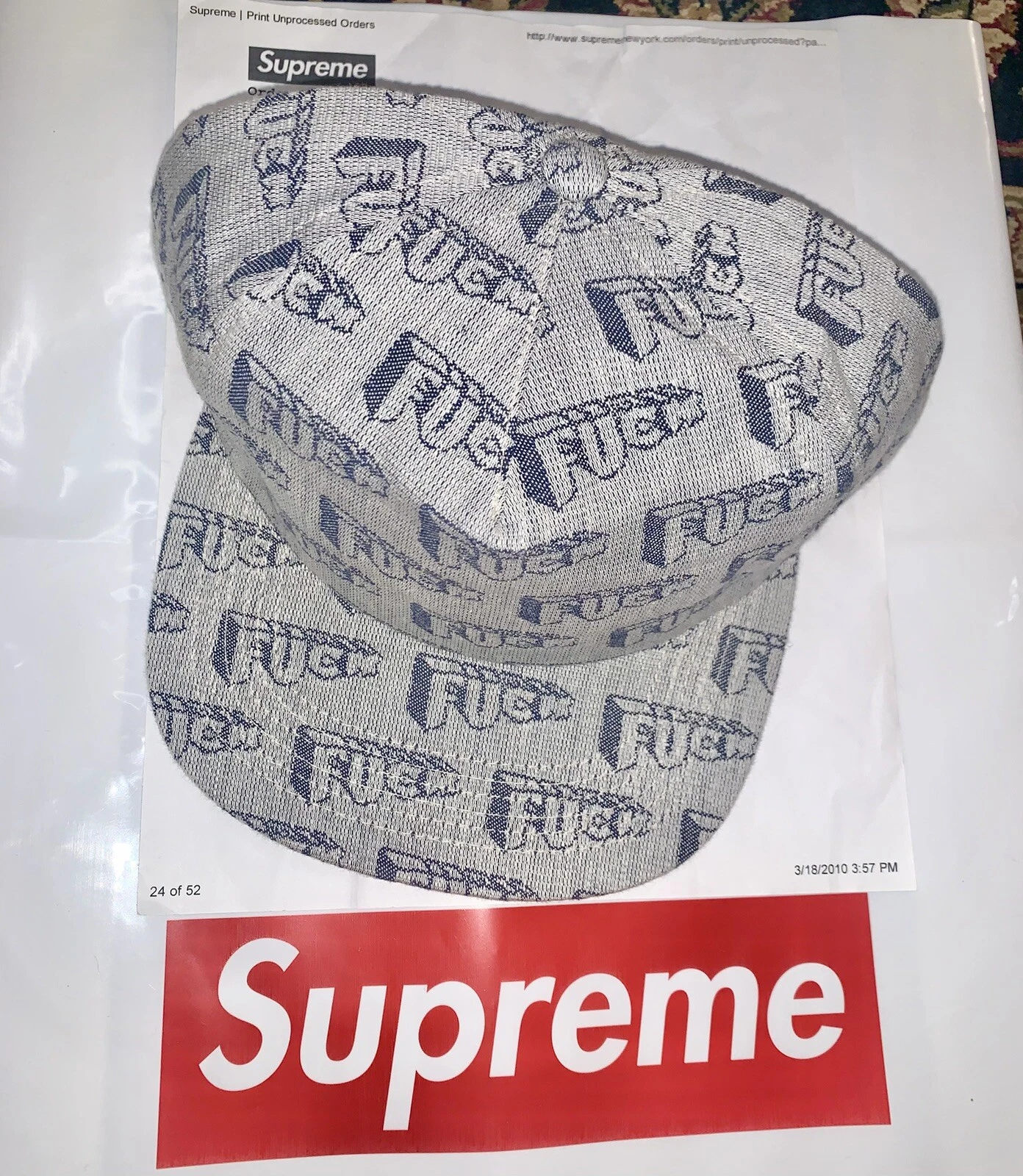 Casquette snapback 5 panneaux Supreme x Art Robert R. Crumb Fukk jacquard marine SS10