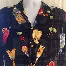 Paradise Found Sz Large Black Hawaiian Shirt Tiki Cocktails Happy Hour Aloha