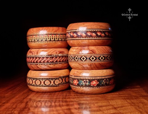 Six Sorrento Ware Olive Wood Inlaid Napkin Rings, Tunbridge Style, Antique - Picture 2 of 15