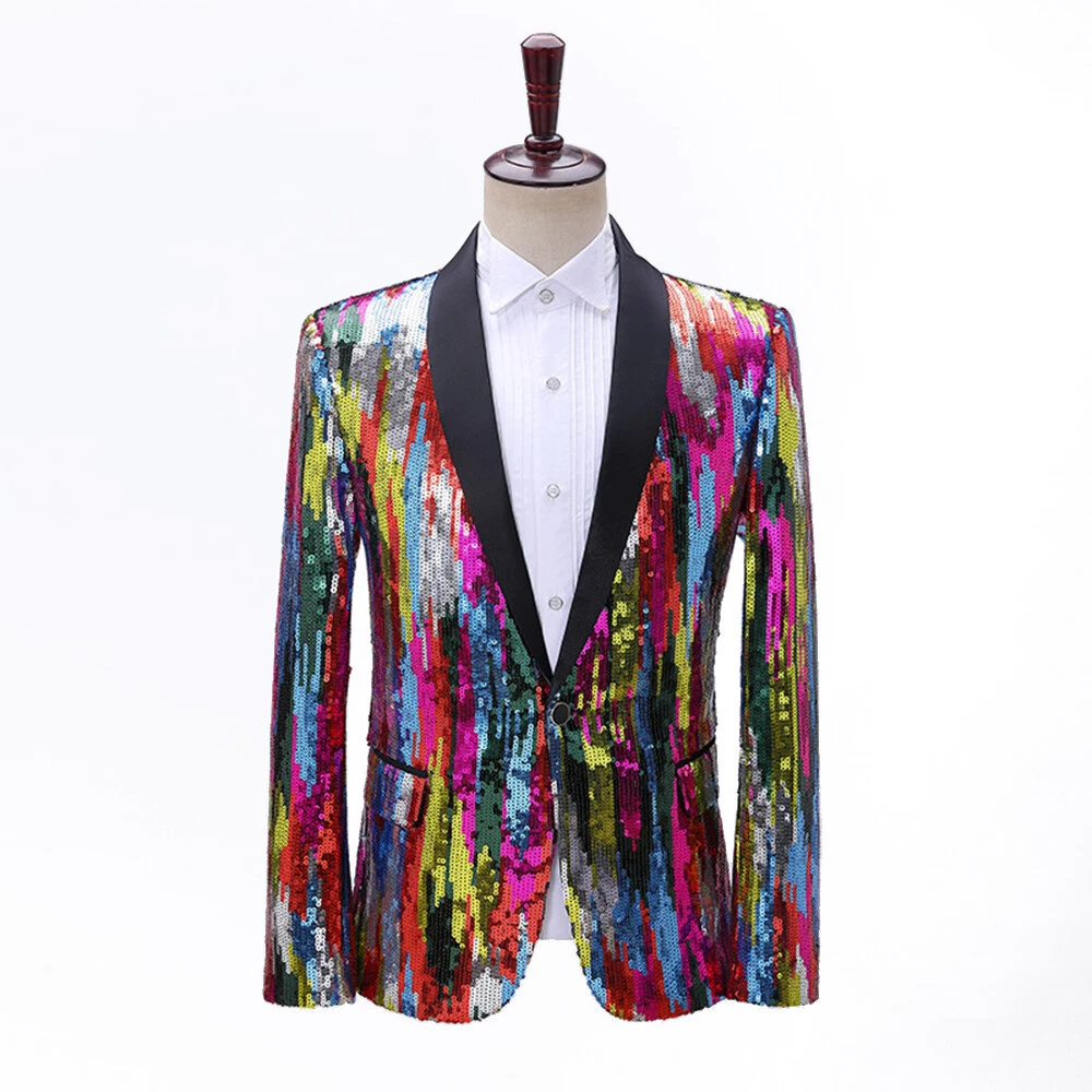 Mens Shawl Lapel Suit Blazer Colorful Glitter Sequin Jacket Dance Costume |  eBay