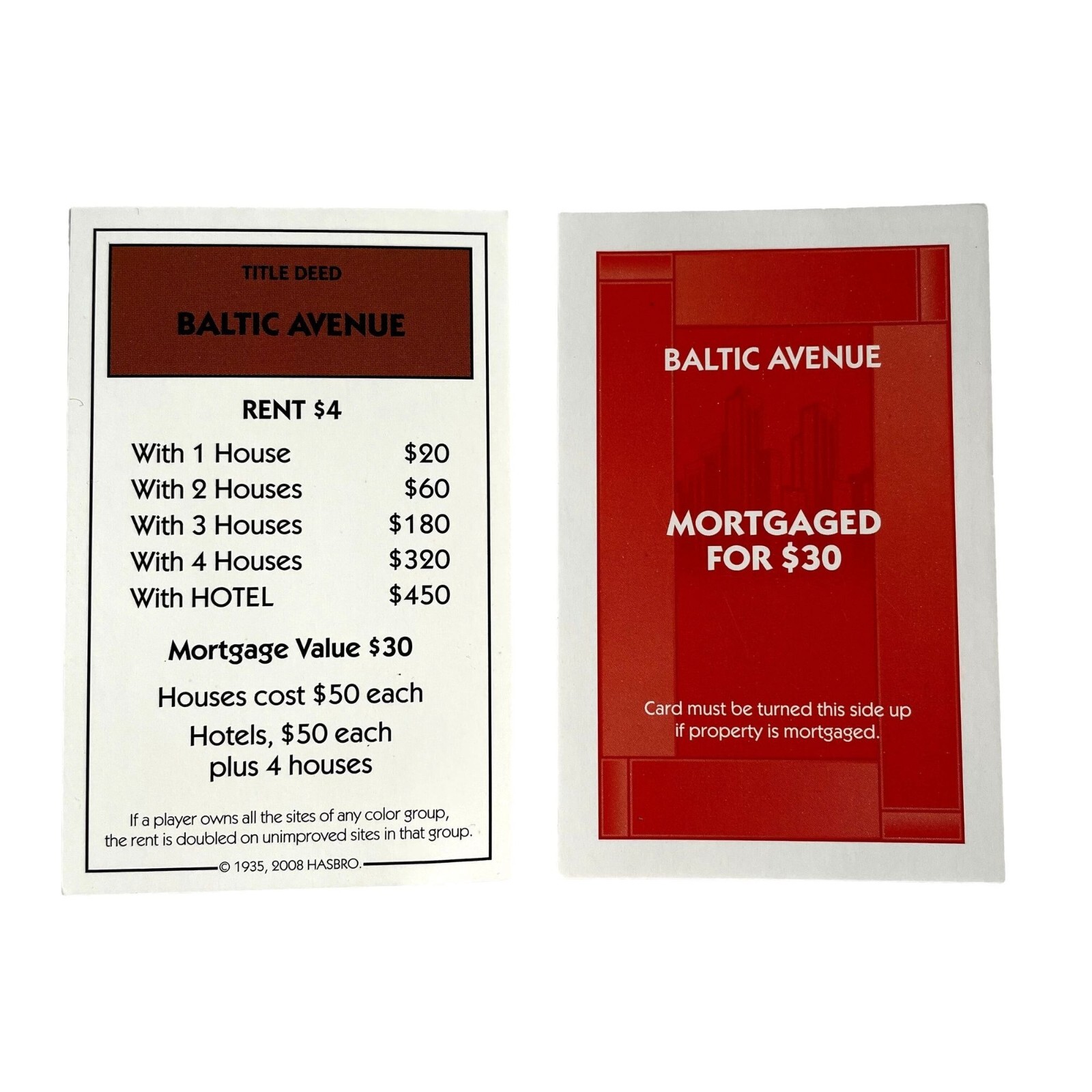 Monopoly Here Now Baltic Ave Property Title Deed Card Replacement 2008
