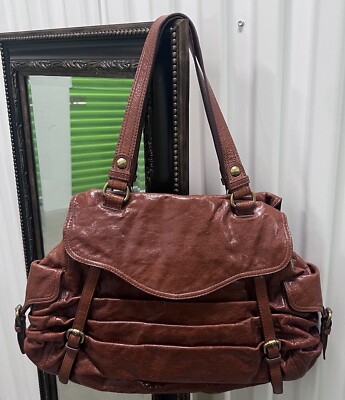 Kooba Bourbon Brown Ruched Leather Outside Pockets Shoulder Bag Purse