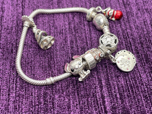STERLING SILVER PANDORA MOMENTS BRACELET 6 CHARMS PRE OWNED 17CM 17 CM - Picture 3 of 3
