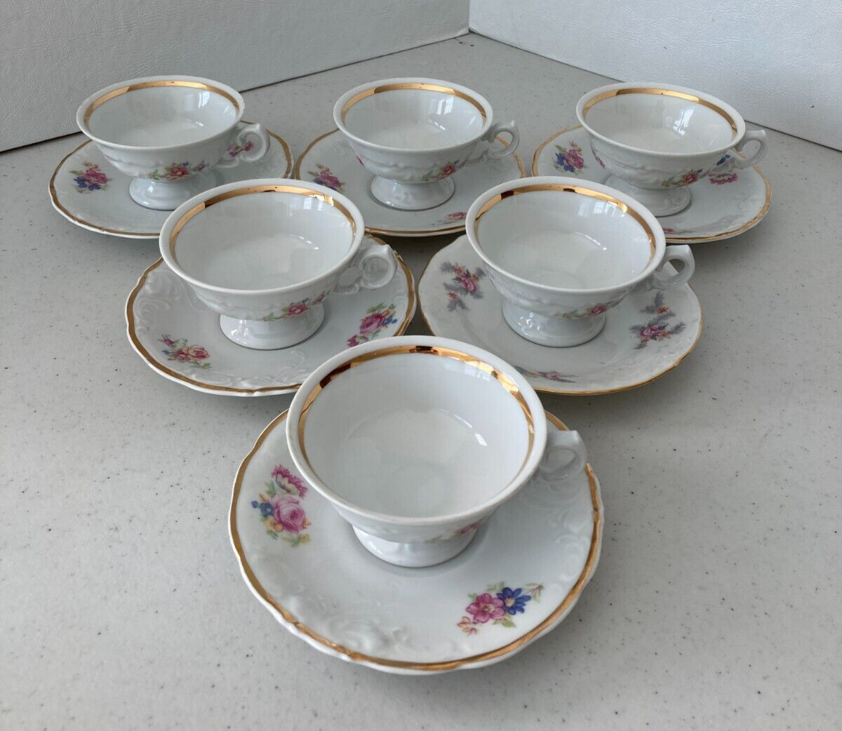 Wawel China Cup Saucer Floral Gold Trim Vintage (Set of 6)