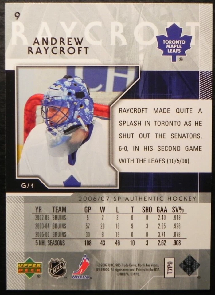 2006-07 06/07 SP Authentic #9 Andrew Raycroft Toronto Maple Leafs - Image 2 of 2
