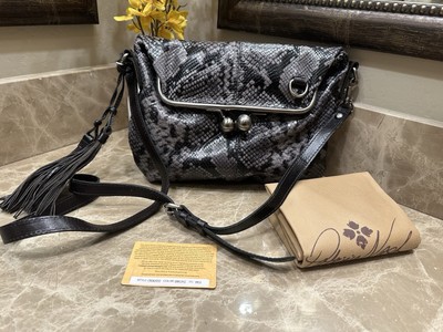 Patricia Nash Leather wide mouth Livata Kisslock Embossed Crossbody Smoke Python