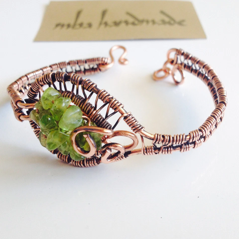 Women's Peridot Crystals Wire Wrapped Copper Cuff - Unique Handmade Jewelry - Image 2 of 4