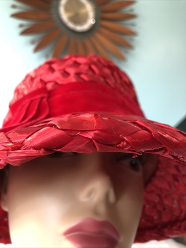 Vtg Red Cellophane Straw Bucket Hat Union Made Velvet Pleated Bow Costume 21" XS - Picture 12 of 12