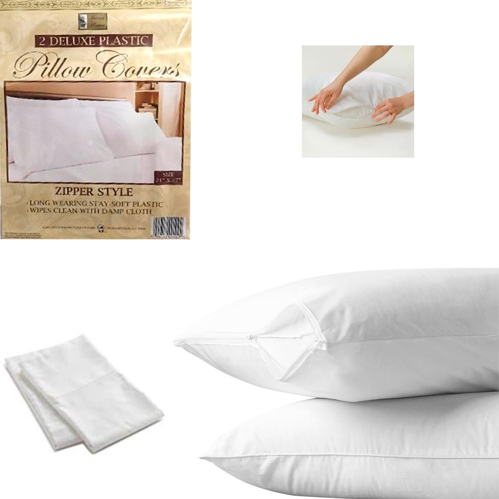 2 White Hotel Pillow Plastic Cover Waterproof Zipper Bed Pro