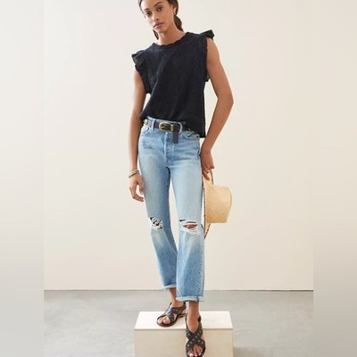 Anthropologie EDWIN Tash Button Fly Relaxed Distressed Straight Jeans Size 33