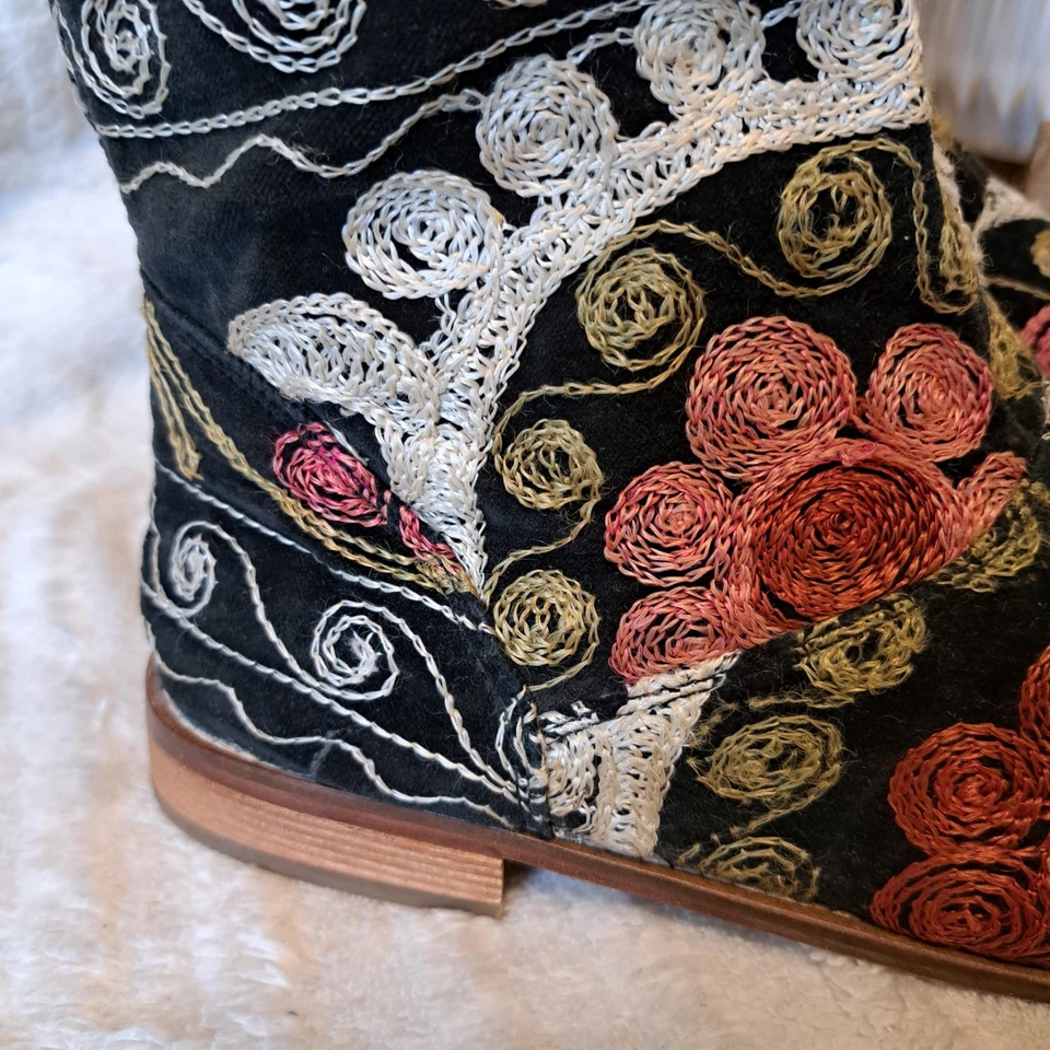 Botas Bordadas Terciopelo Colorido Floral Cuero Media pantorrilla Turco Boho Talla 9.5 Foto 4 de 4