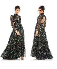 Mac Duggal Floral High Neck Puff Sleeve Gown Size 4 NWT Black Floral 67542