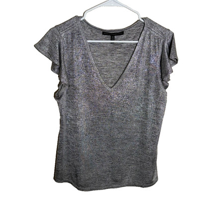 White House Black Market T-Shirt Women's Medium Gray Metallic V-Neck Top