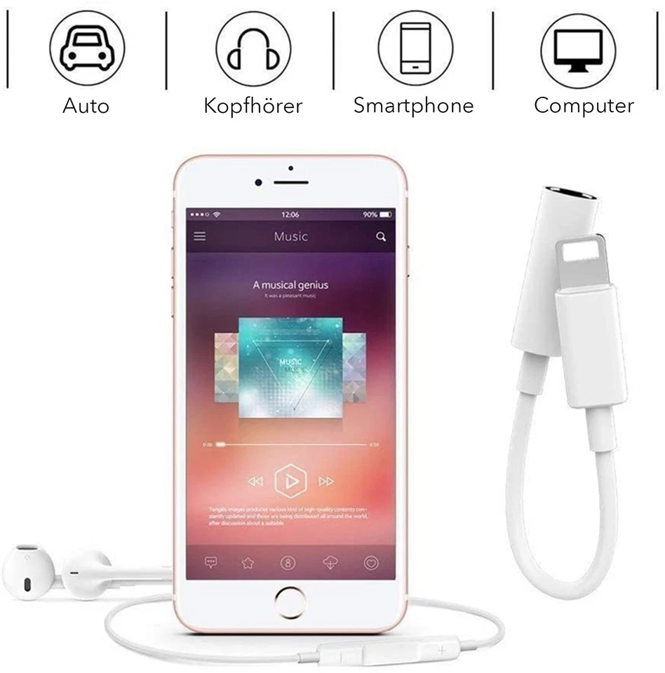 iPhone auf AUX Adapter 3,5mm Stereo iPhone zu Klinke AUX Nylon Klinkenkabel IOS - Bild 2 von 4