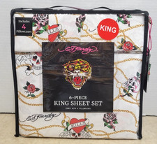 Ed Hardy King Sheet Set 6 Pc White Love Kills Slowly Skulls Roses Tiger Tattoo