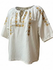 Lucky Brand Embroidered Boho Peasant Top White Tie Neck Large