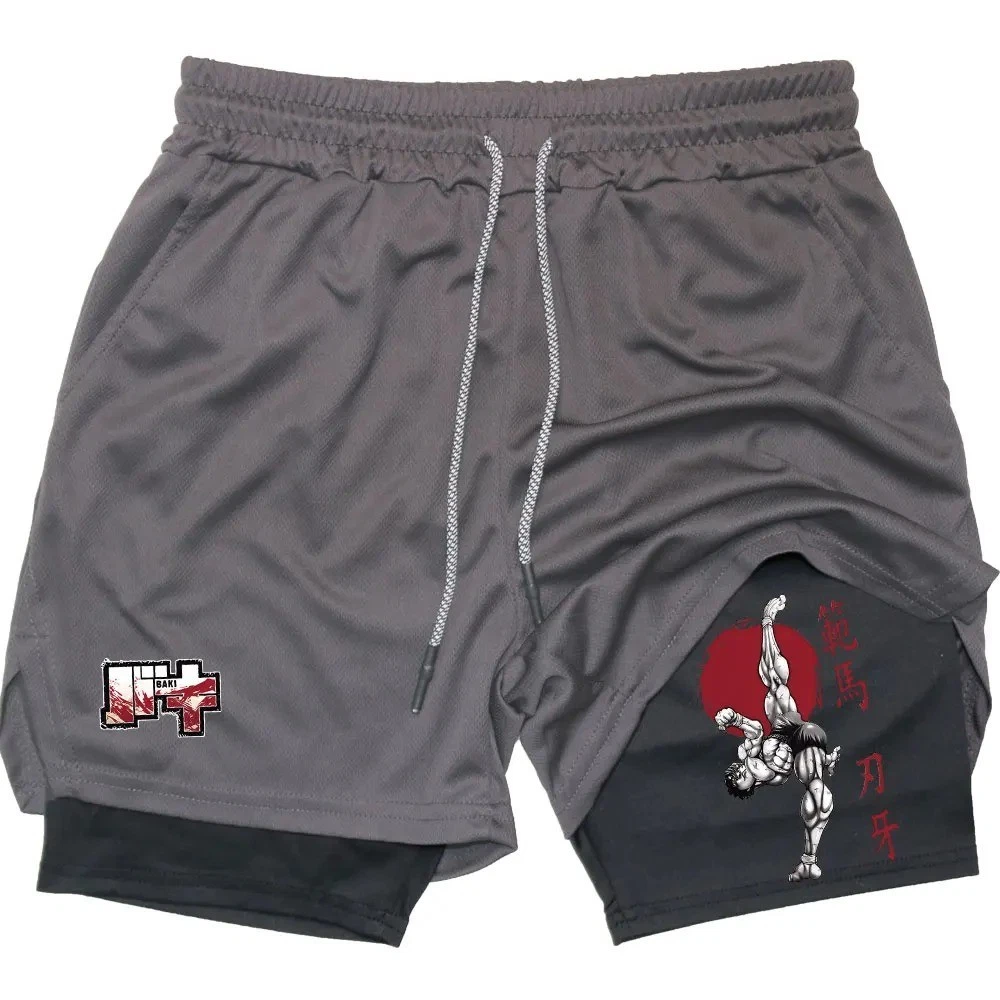 Men 2 in 1 Gym Performance Shorts Anime Baki Compression Quick Dry Fitness