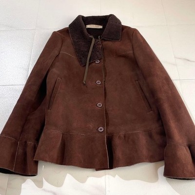 Rare MIU MIU Archive Shearling Mouton Jacket Ruffle Trim Brown
