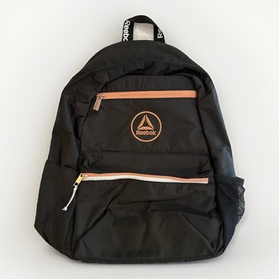 Reebok Sloane 18'' Backpack Black Rose Gold Pockets Water Resistant Zip Logo NEW