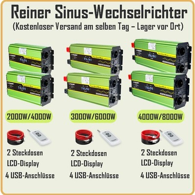 500W - 8000W 12V 24V Reiner Sinus Wechselrichter 230V Spannungswandler 4USB Boat
