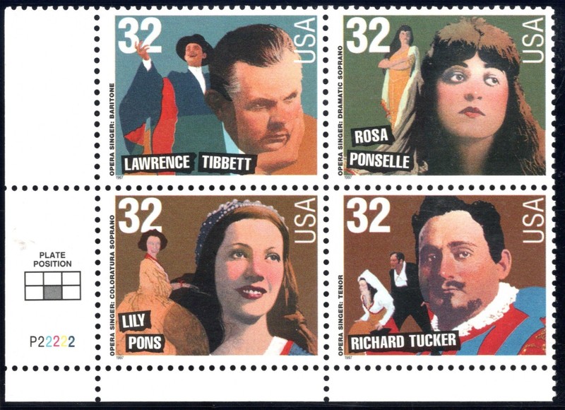 SC#3154-57,1997--32c Four Opera Singers Plate Block, M/NH