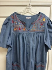 Go Softly Patio Dress Womens Plus 1X Blue Pockets Midi Zip Muumuu House Dress