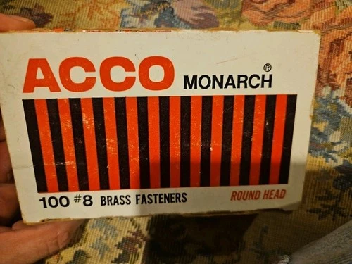 ACCO Brass Paper Fasteners, #8 Plated, 1 Box, 100 Fasteners/Box Vtg