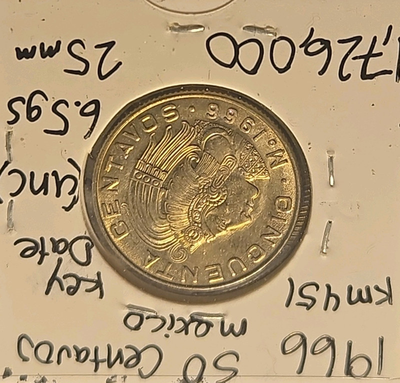 1966 Mexico 50 Centavos Cuauhtemoc Copper-Nickel Coin KM#451 Key Date