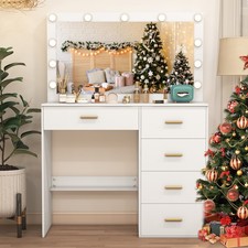 Image of Makeup Desk Dressing Table Lighted Mirror and 5 Drawers Vanity For Bedroom