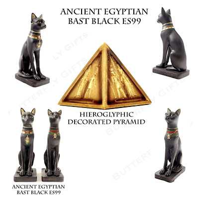Antike schwarze Bast Katze Ägyptische Figur Ethnographisches Ornament Ägyptische Pyramide