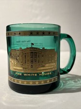 Coffee Cup Mug White House Green Glass Gold Star Embossed Made In USA Patriot