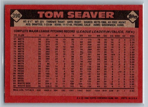 1986 Topps Tom Seaver #390 - Picture 2 of 2